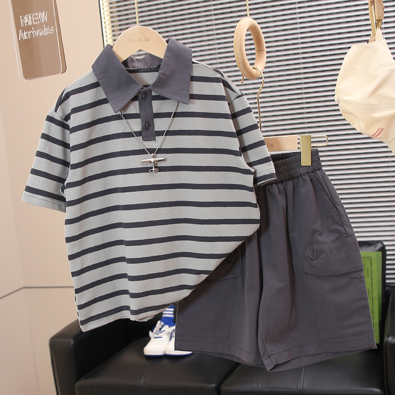 Children's Clothing Boys' Summer T-Shirt 2026 New Style Loose Summer Trendy Striped Polo Shirt Fashion Set for Older Kids