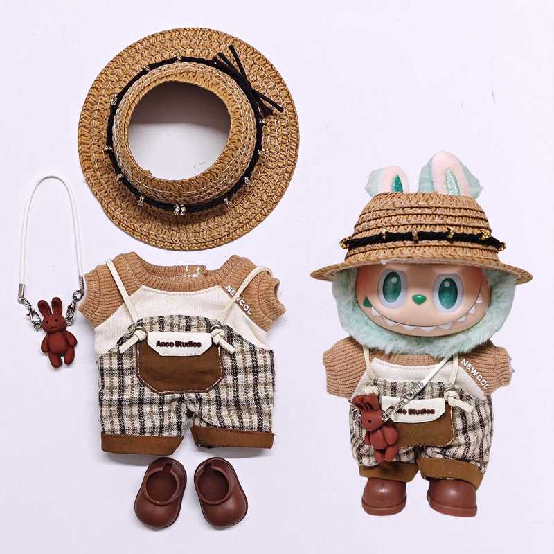 仅娃衣】labubu娃衣棕色T恤格子背带裤一二三代拉布布衣服17cm|undefined