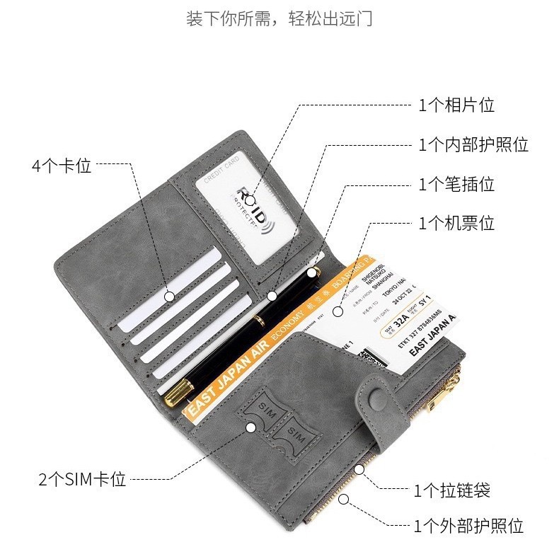 Cross-border new anti-theft RFID passport holder with zipper and snap closure, a multi-functional travel passport case