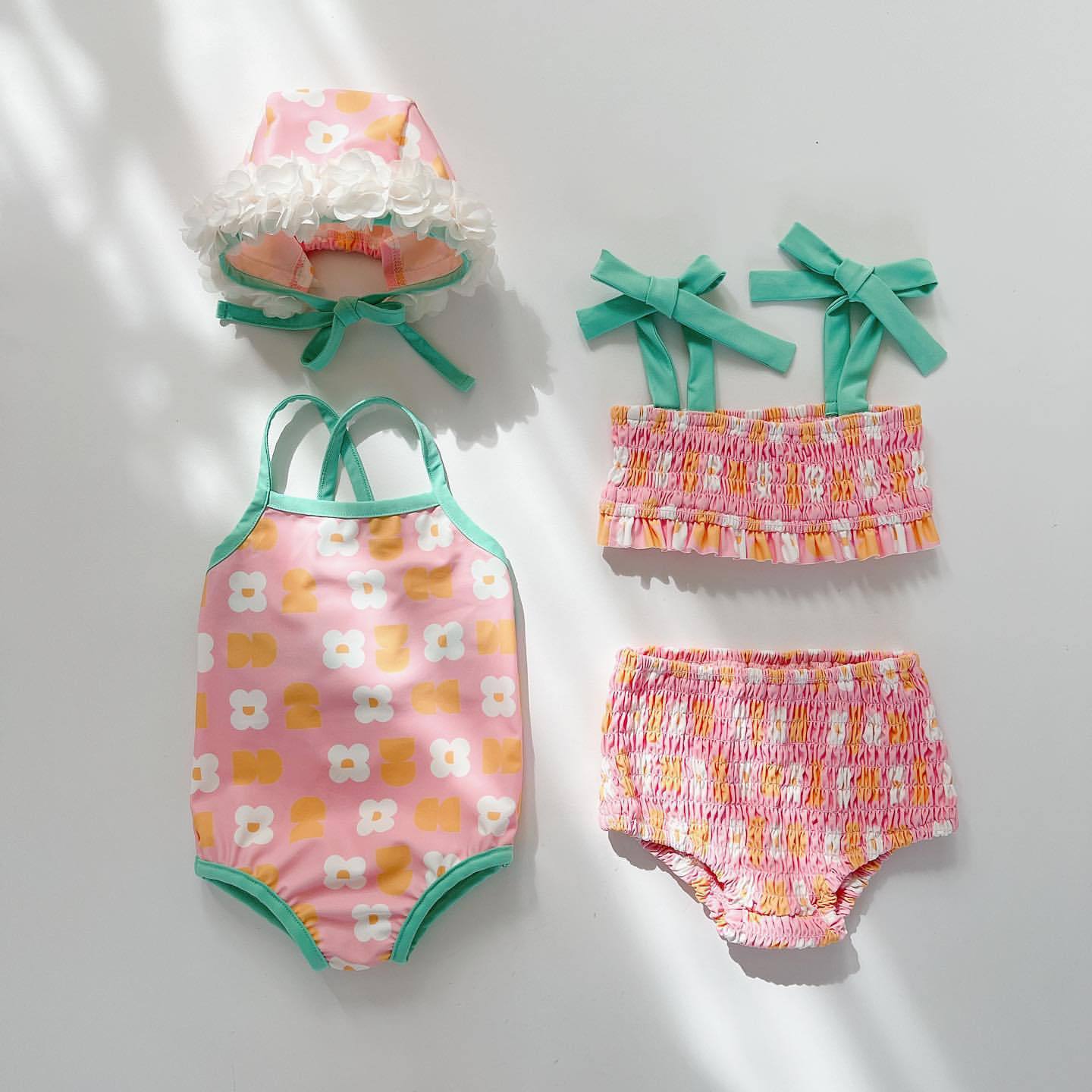 INS estilo coreano niñas Flor del bebé con capucha de una pieza traje de baño recién nacido bikini split traje de tres piezas traje moda