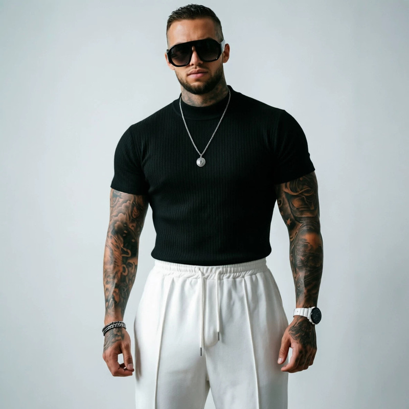 Men's Summer Solid Color Ribbed Sports Fitness Casual Ribbed Top