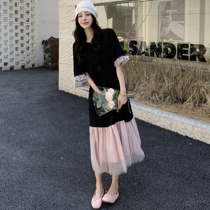 53133#2025 summer new/mesh stitching black T-shirt dress Korean casual age-reducing long skirt skirt 53133#2025 summer new/mesh stitching black T-shirt dress Korean casual age-reducing long skirt skirt