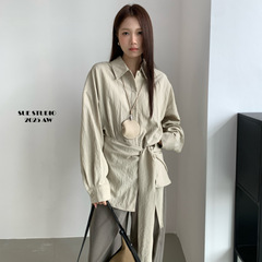 SUE韩系气质系带收腰长袖上衣女秋季新款小众设计感通勤衬衫66932