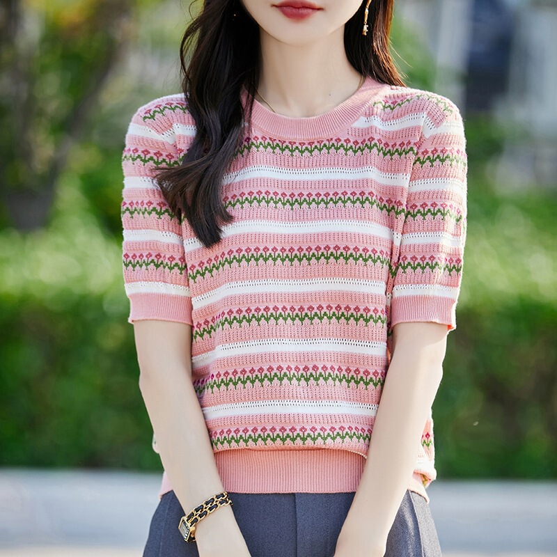 26 New Summer Style Pure Cotton Round Neck Knitwear Short-Sleeved T-Shirt Women's Cut Out Jacquard Pullover Bottoming Shirt Top