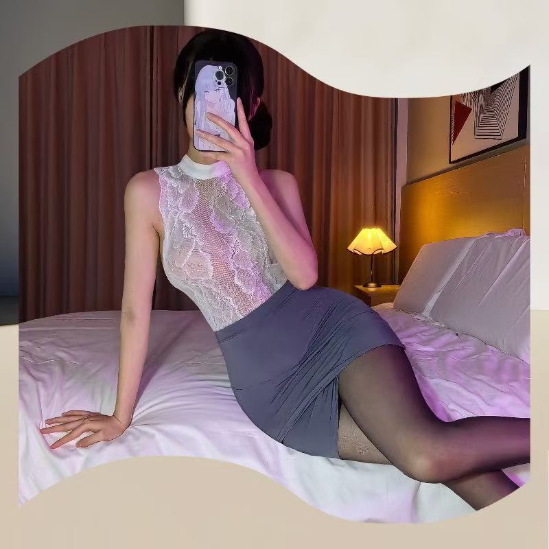 Lace Secretary Roleplay Uniform Set with Ultra-Short Hip Dress and Black Tights — detail image 10