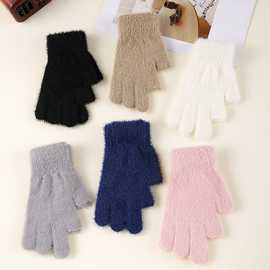 新款冬季露二指办公保暖手套长貂毛可爱保暖手套情侣骑行加绒手套