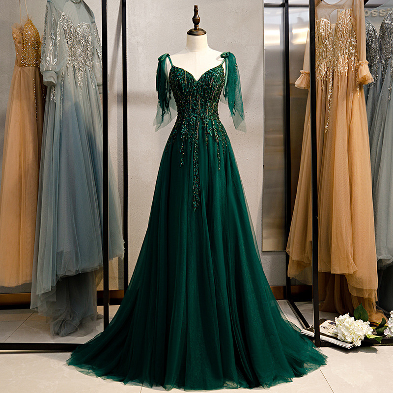 Vestido de noche para banquete 2005 nuevo pequeño tren elegante vestido de fiesta vestido de noche verde oscuro Envío Directo