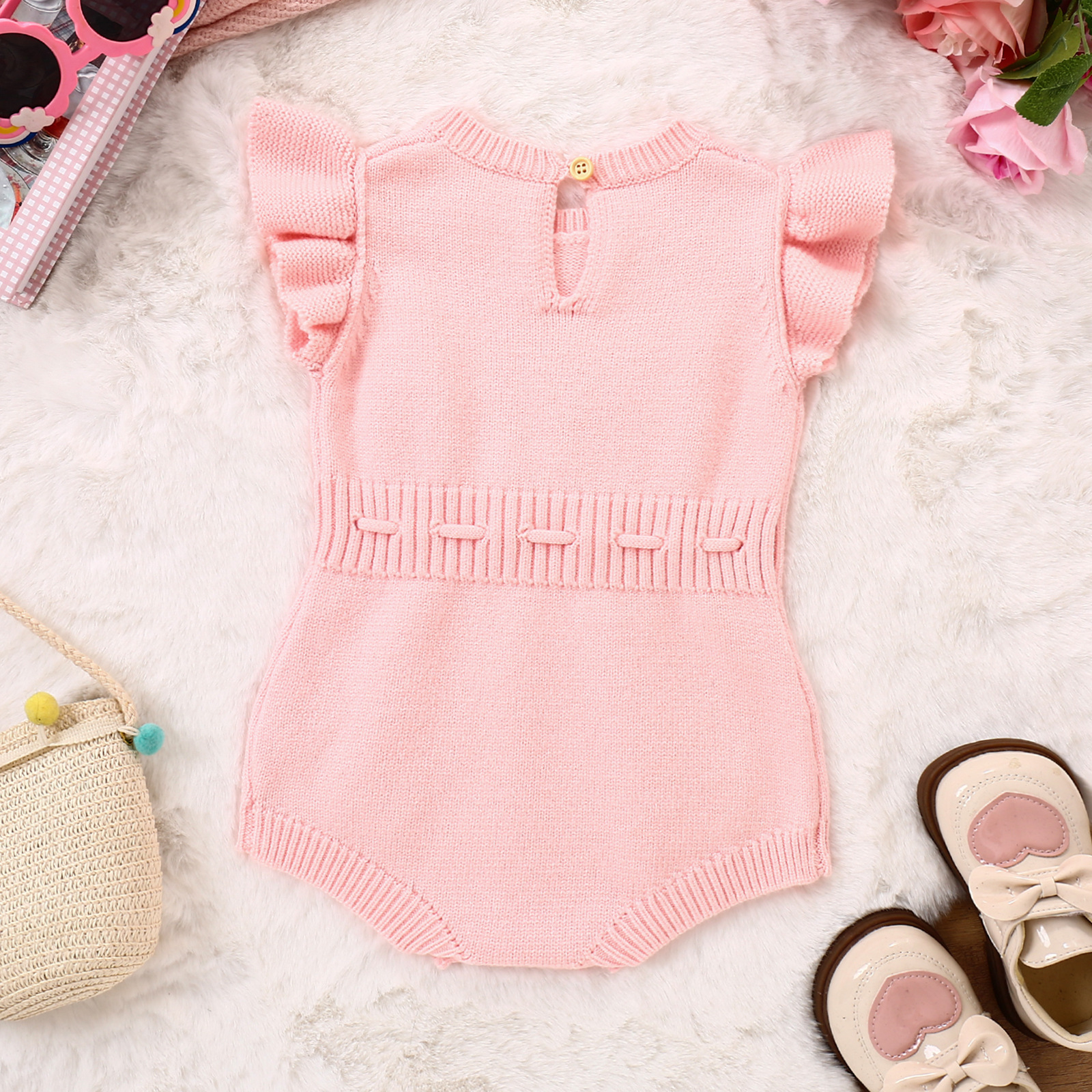 Baby Girl Flounced Sleeve Letters Flower Embroidery Lace Button Romper