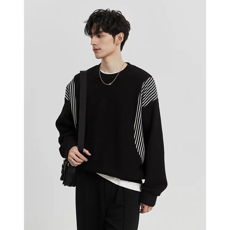 Hatless contrasting hoodie for male niche 2023 spring and autumn season new Korean loose and versatile pullover round neck t-shirt top