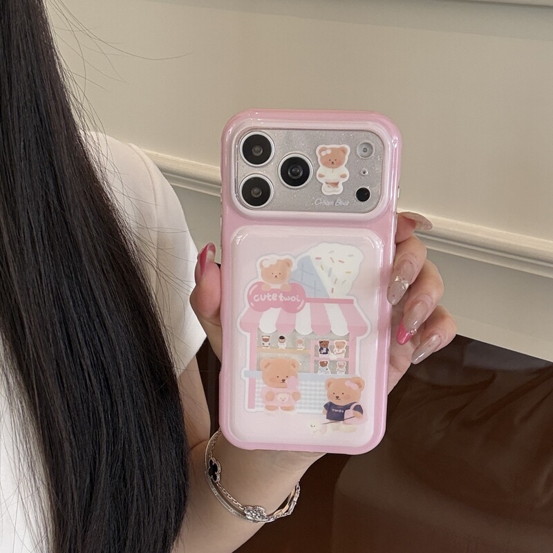 Cute Bear Ice Cream Shop phone case suitable for Apple 17ProMax, iPhone 16Pro/15Pro protection