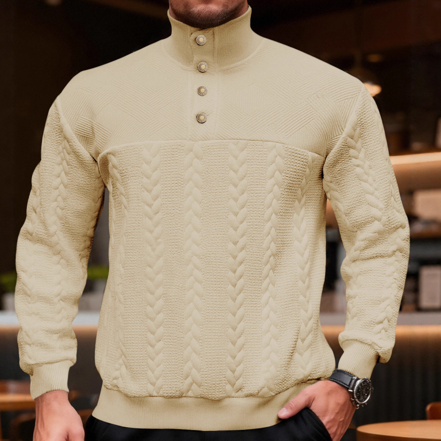 Pullover casual con colletto alla coreana e bottoni, stile transfrontaliero europeo e americano, tinta unita, lavorazione a maglia ampia e patchwork._voghion.com