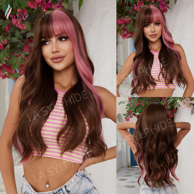 Cos holiday wig women's European and American long curly hair with fringe purple black pink mechanism can be hot dyed wig