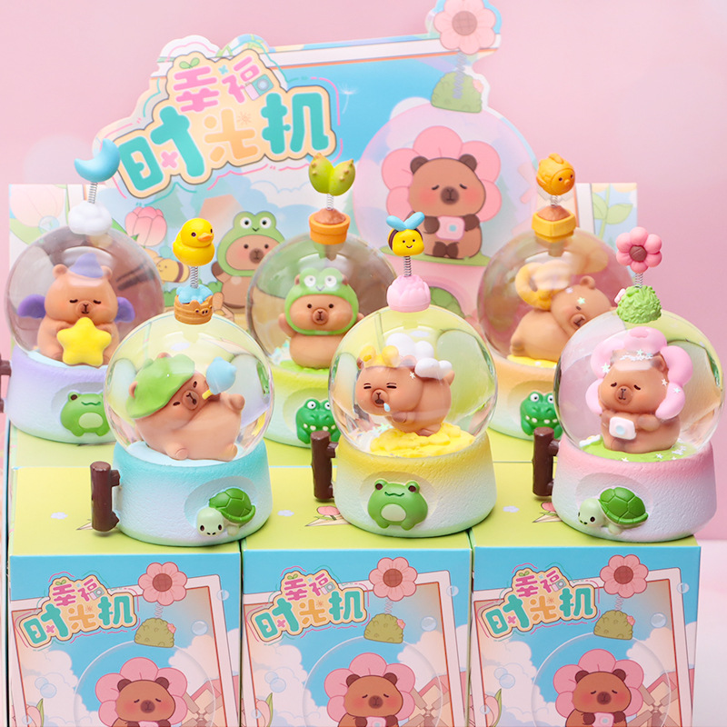 新款卡皮巴拉幸福时光机水晶球盲盒创意可爱水豚发光摆件孩子礼物