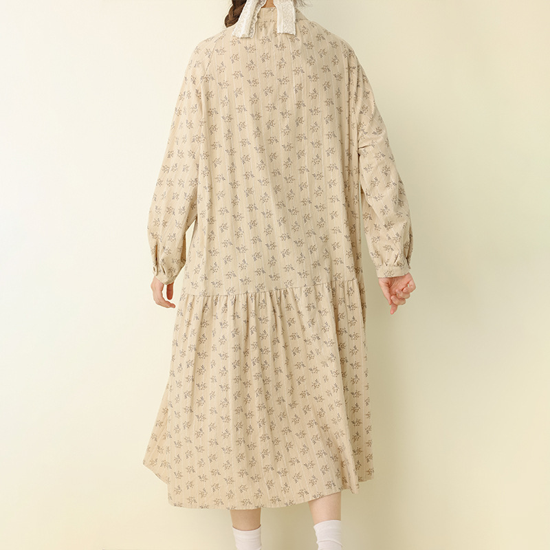 甜美森女日系文艺碎花系带圆领长袖连衣裙宽松百搭显瘦套头长裙秋|undefined