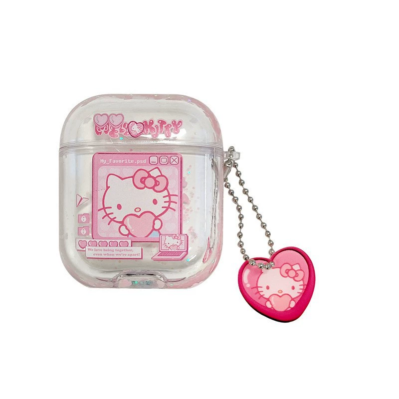 Защитный чехол (Apple) AirPods 1/2, 3, Pro/Pro2 — прозрачный с принтом hello kitty и брелоком