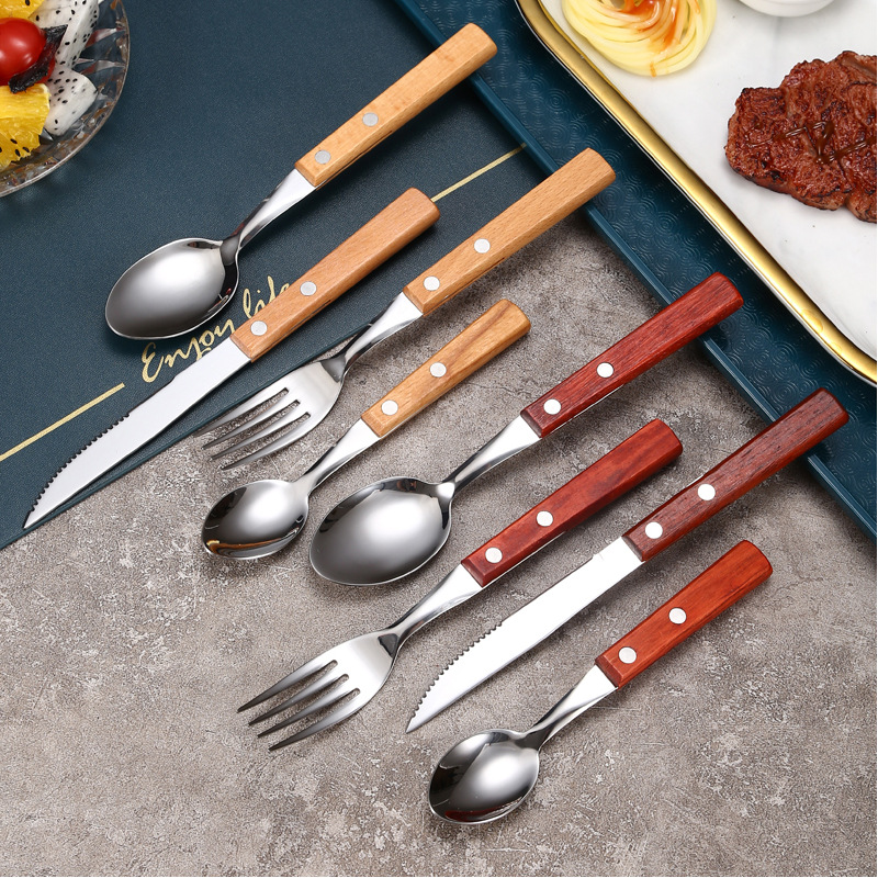 Cuchillo, tenedor y cuchara con mango de madera de acero inoxidable 304, restaurante occidental, bistec, cuchillo, tenedor y cuchara, juego de vajilla portátil de viaje, fuente transfronteriza