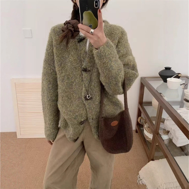 韩系慵懒风牛角扣圈圈纱针织外套女秋冬新款软糯圆领长袖毛衣开衫|undefined