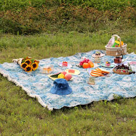 户外露营色织野餐垫ins复古油画防潮野餐桌布草地垫便携地垫批发