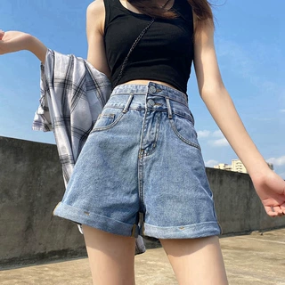 ins新款网红牛仔短裤女夏宽松韩版高腰显瘦卷边百搭裤腿a字热裤潮