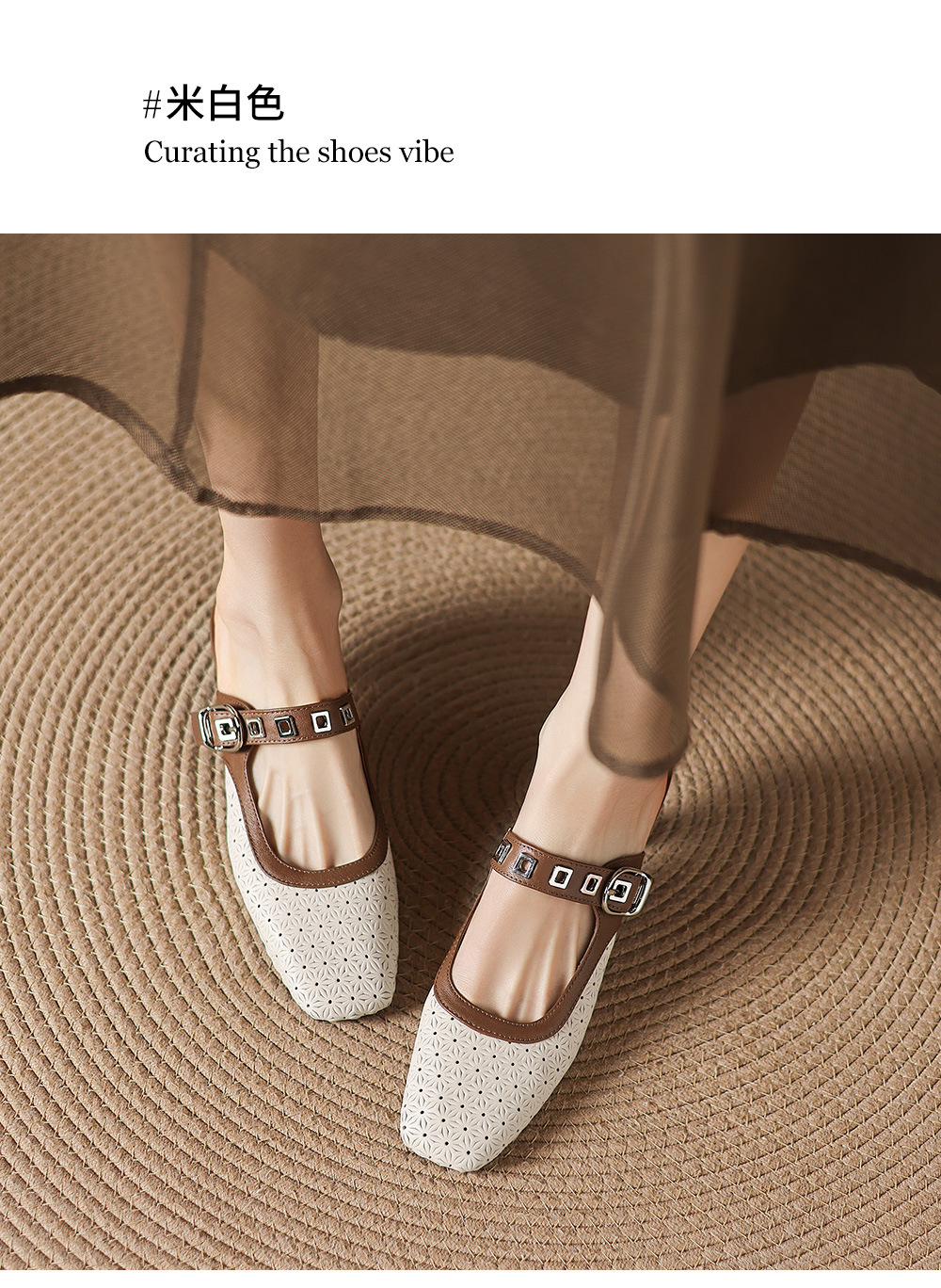 Sandal nữ quai ngang mũi vuông gót 5 cm phối màu — màu trắng ngà chi tiết 13