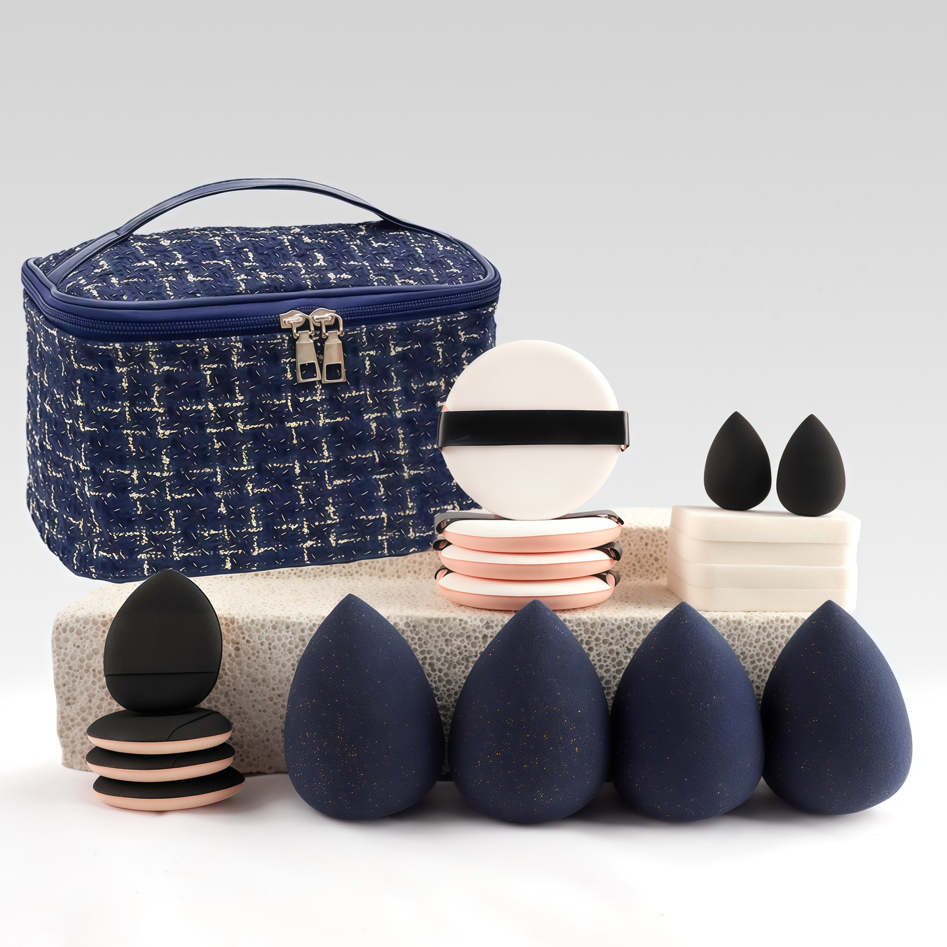 32 bolsas de maquillaje azules de fragancia, pincel de maquillaje en polvo, conjunto de herramientas de maquillaje de belleza, combinación transfronteriza de un agente de cabello