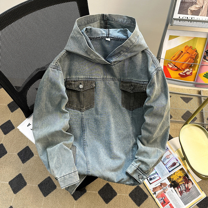 American Vintage Design Stitching Hooded Couples Denim Sweatshirt Autumn High Street vibe Washed Loose Jacket for Men and Women American Vintage Design Stitching Hooded Couples Denim Sweatshirt Autumn High Street vibe Washed Loose Jacket for Men and Women