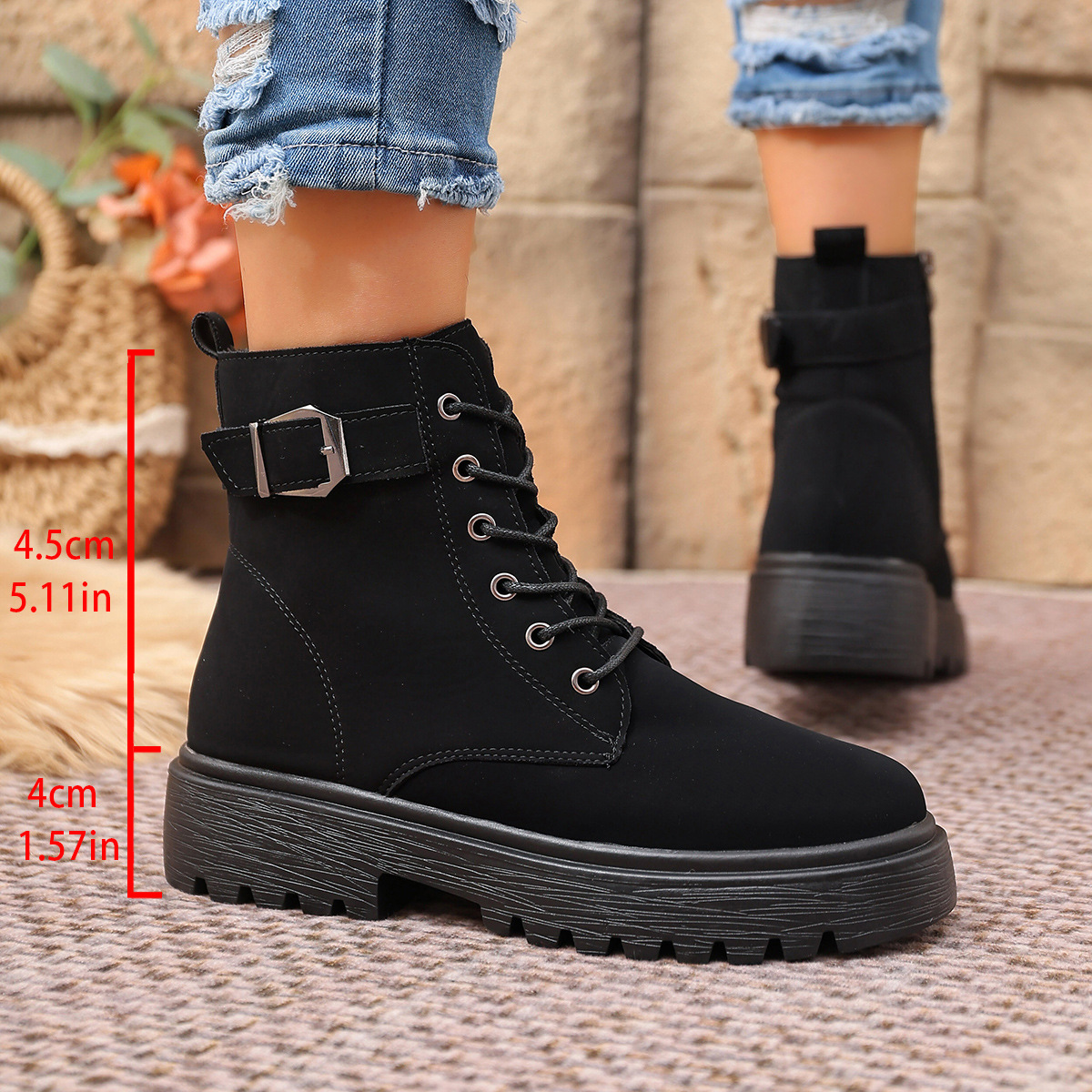 Women's Round Toe Ankle Boots With Side Zipper And Belt Buckle_voghion.com