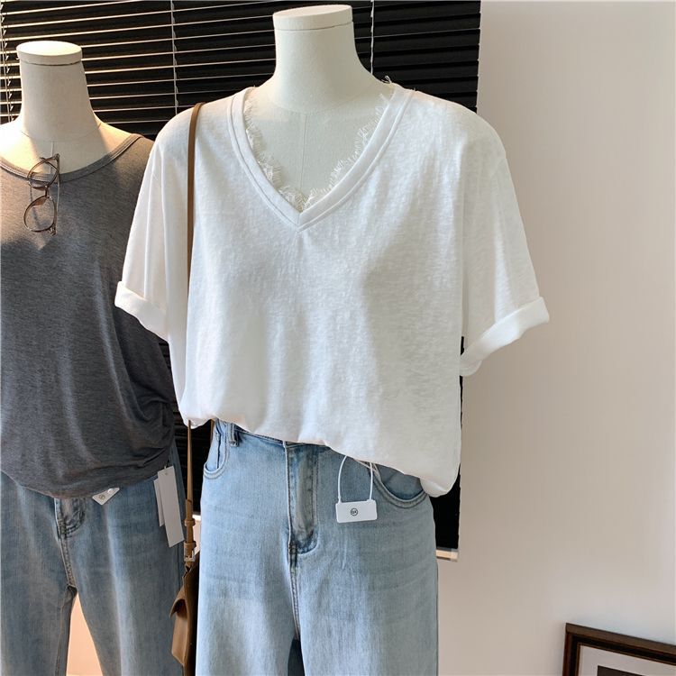 Casual Pure Color V Neck Lace Short-Sleeved T-Shirt for Women in Summer Loose Korean Style Thin Bottoming Shirt with Inner and Outer Tops