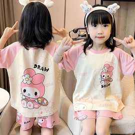 女童夏季棉感儿童短袖睡衣卡通小女孩可爱薄款空调服套装家居服无