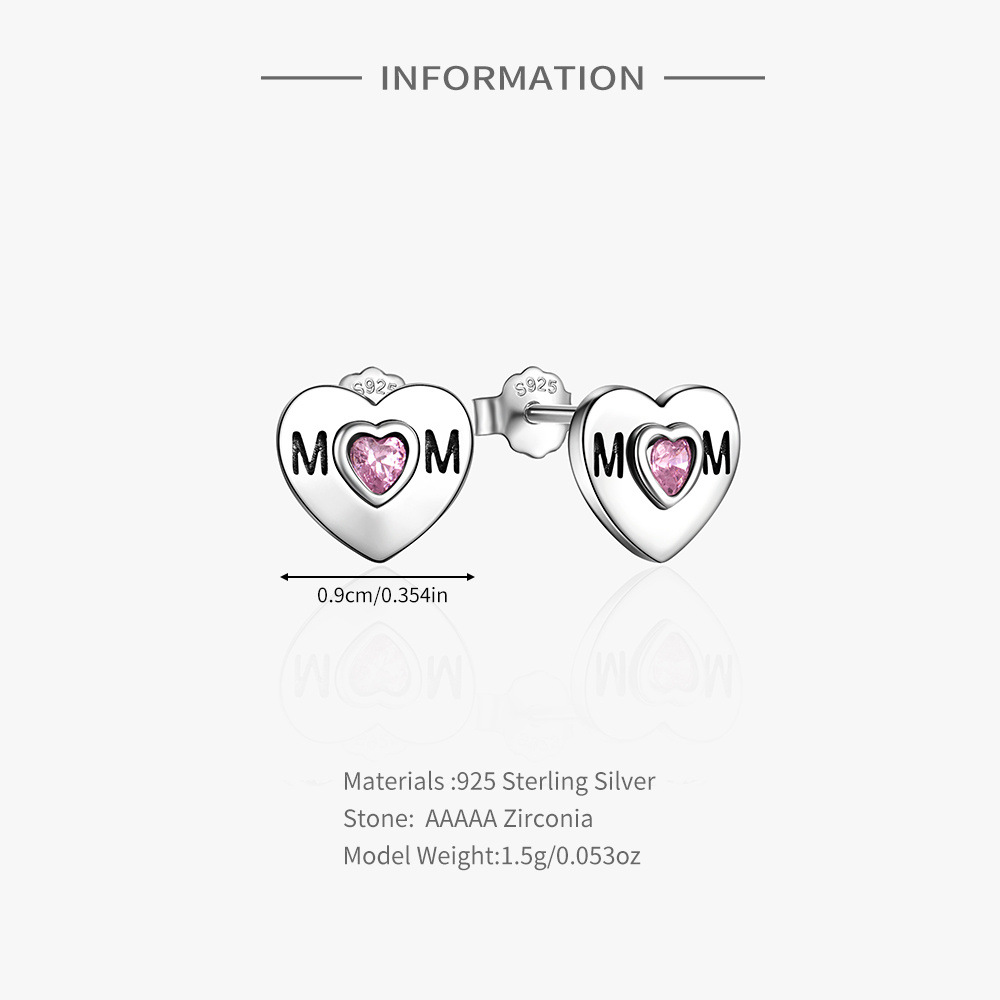 4g Weight Zircon Inlay Material Ear Studs Classification 1 Pair Quantity Daily, Festival Occasion 925 Sterling Silver Material Mother'S Day Festival Letter, Heart Shape Pattern Women's Gender Plating, Inlay Design Simple Style Style 1 Pair 925 Sterling Silver Zircon Letter Heart Shape Ear Studs 5