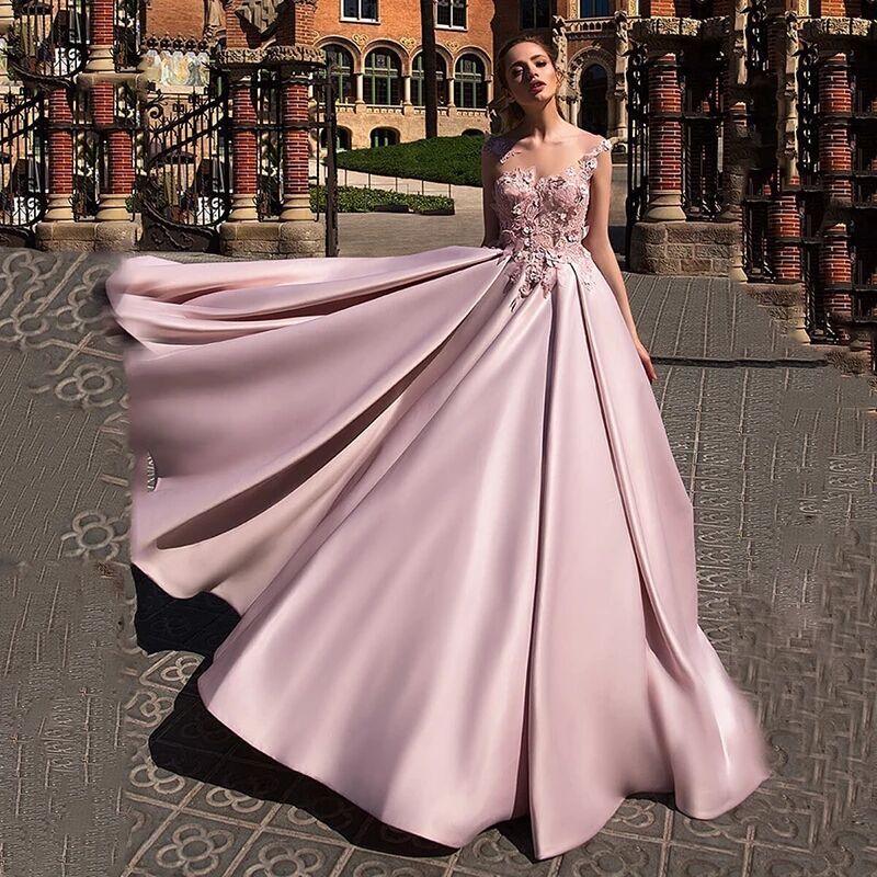 Comercio exterior europeo y americano Amazon AliExpress deseo mujeres nuevo encaje cuello redondo vestido de noche A-line adelgazamiento largo
