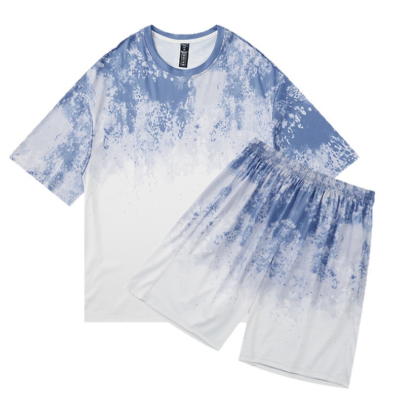 Transfronterizo americano tie-dying casual set hombre verano suelto hielo camiseta de cuello redondo de manga corta rápida secado pantalones cortos deportivos de moda