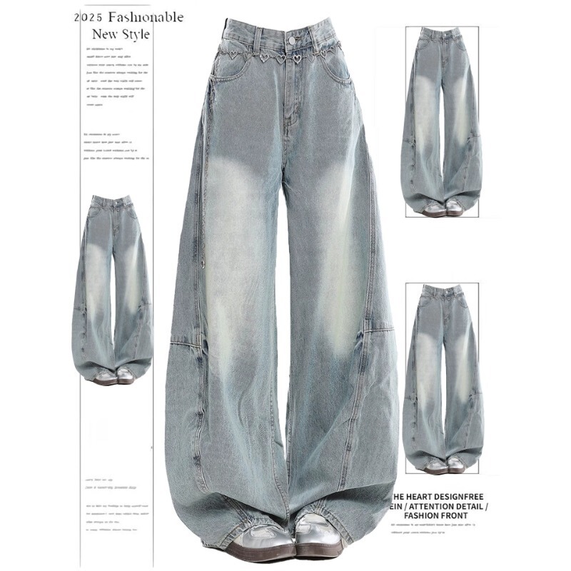 American Retro Hip-Hop Street Style Washed Light Blue Scimitar Jeans for Women 2026 Spring and Autumn New Loose Wide-Leg Pants