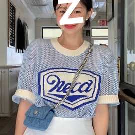 韩国chic夏季减龄复古气质休闲宽松蓝色镂空针织衫短袖上衣T恤女