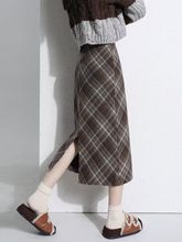复古格子毛呢半身裙子女2025秋冬新款显瘦高腰一步中长款开叉长裙