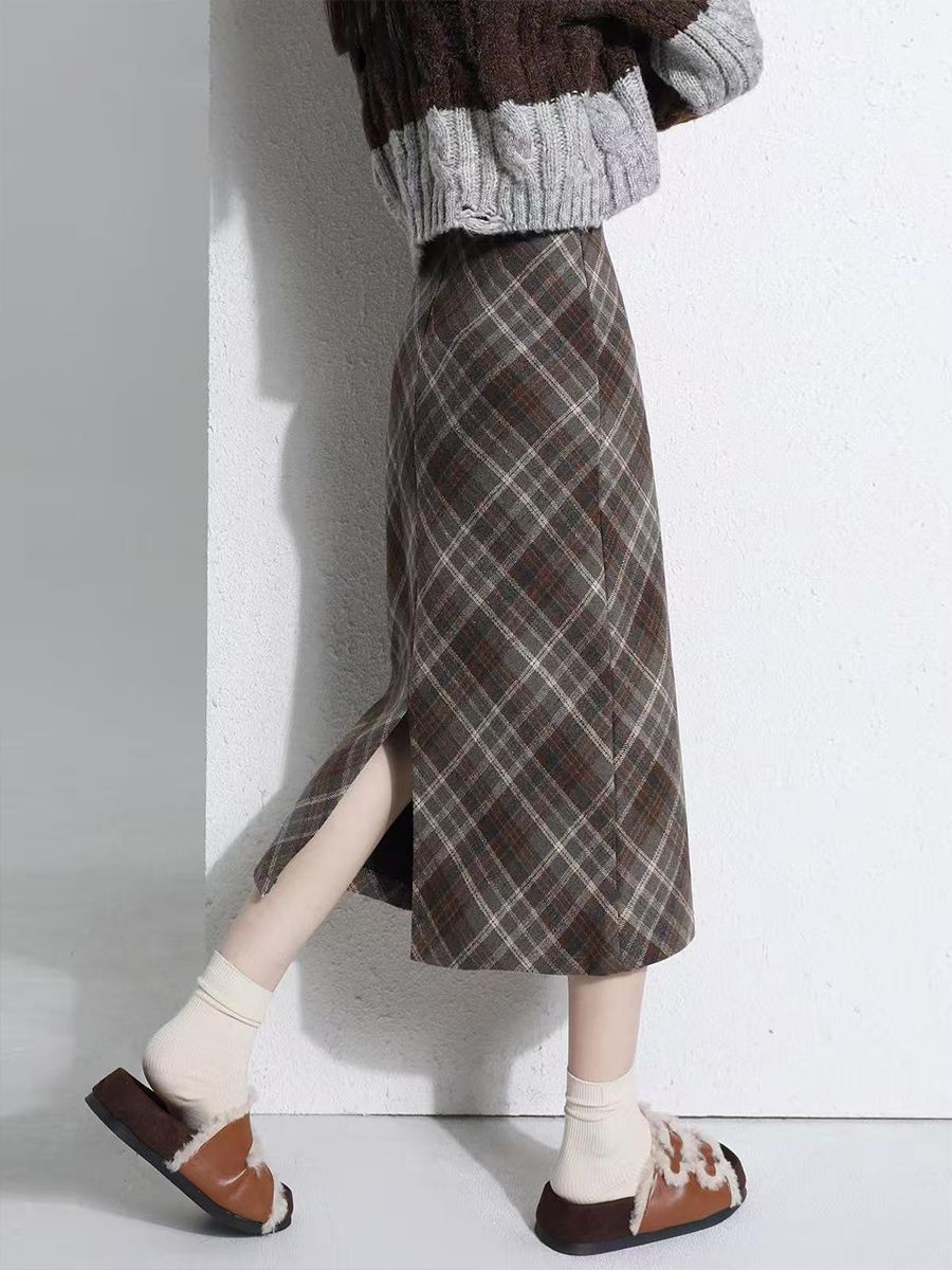 复古格子毛呢半身裙子女2025秋冬新款显瘦高腰一步中长款开叉长裙