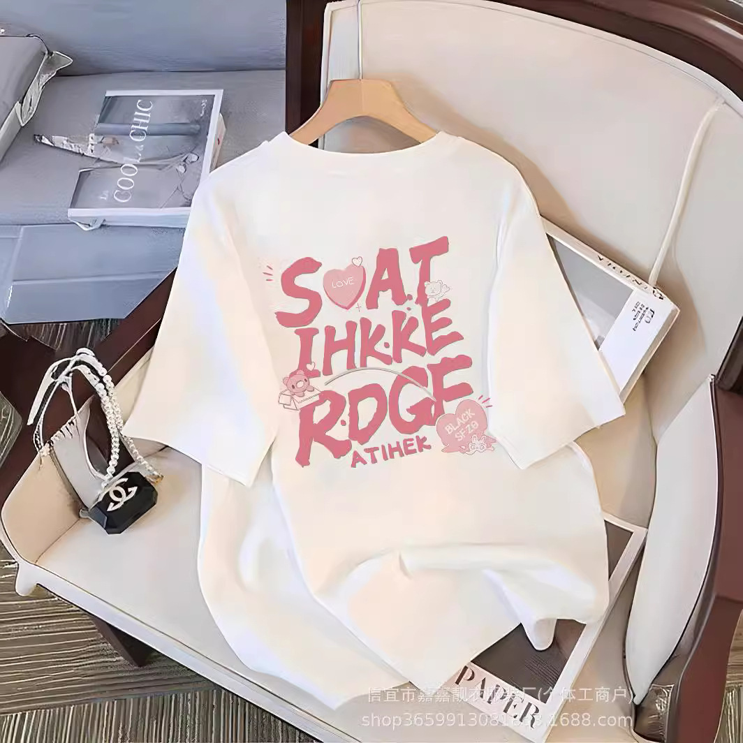 2025春夏新款卡通白色短袖t恤女宽松百搭潮牌学生半袖上衣打底衫