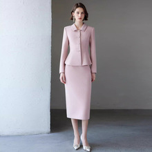 秋冬新款呢子粉色职业小香风中长款女裙套装修身显瘦女神范正装裙