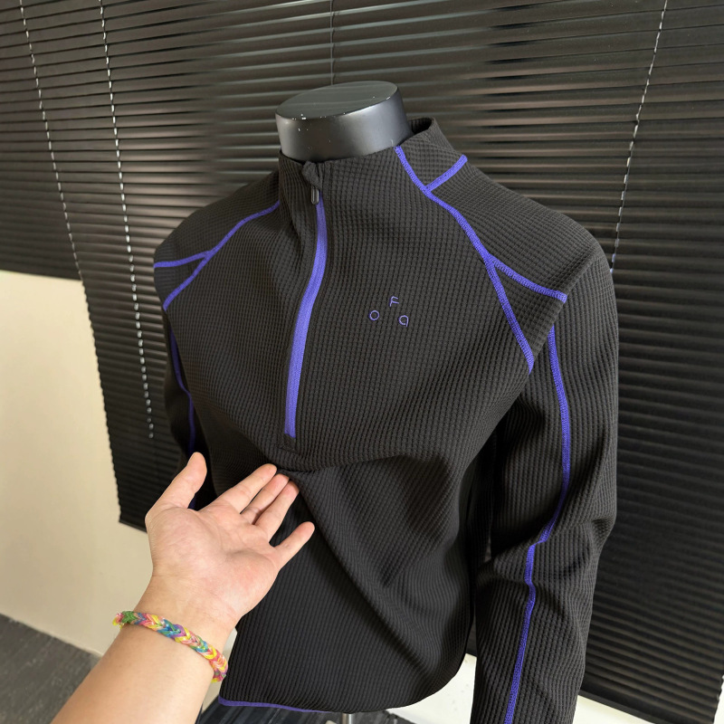 American-style half-zip long-sleeve athletic T-shirt for men, featuring a waffle knit texture, color-blocking design, a regular shoulder fit, and quick-drying, sun-protective properties, suitable for outdoor activities and cycling