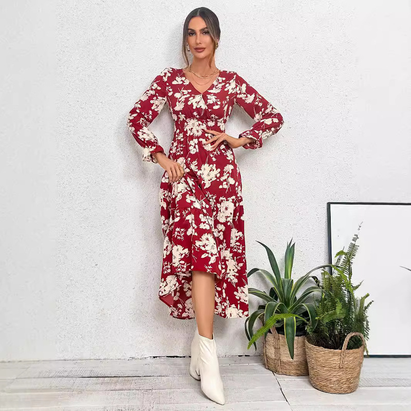 Model Real Shot Amazon AliExpress Cross-border Foreign Trade New Women's Printed V-neck Long Sleeve Cake dress Model Real Shot Amazon AliExpress Cross-border Foreign Trade New Women's Printed V-neck Long Sleeve Cake dress