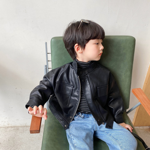 Boys' Spring and Autumn Jackets, Korean Style Children's Leather Jackets, Handsome Children's Jackets, Trendy Tops 308