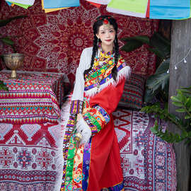新款民族特色藏族写真旅游藏服女秋冬款彩色加边服装藏袍衬衣套装