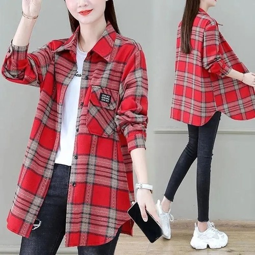 Mom's Cotton Shirt, Versatile Spring and Autumn Long-Sleeve Checkered Blouse for Women, Middle-Aged Women's Thin Checkered Jacket, Women's Cardigan Top