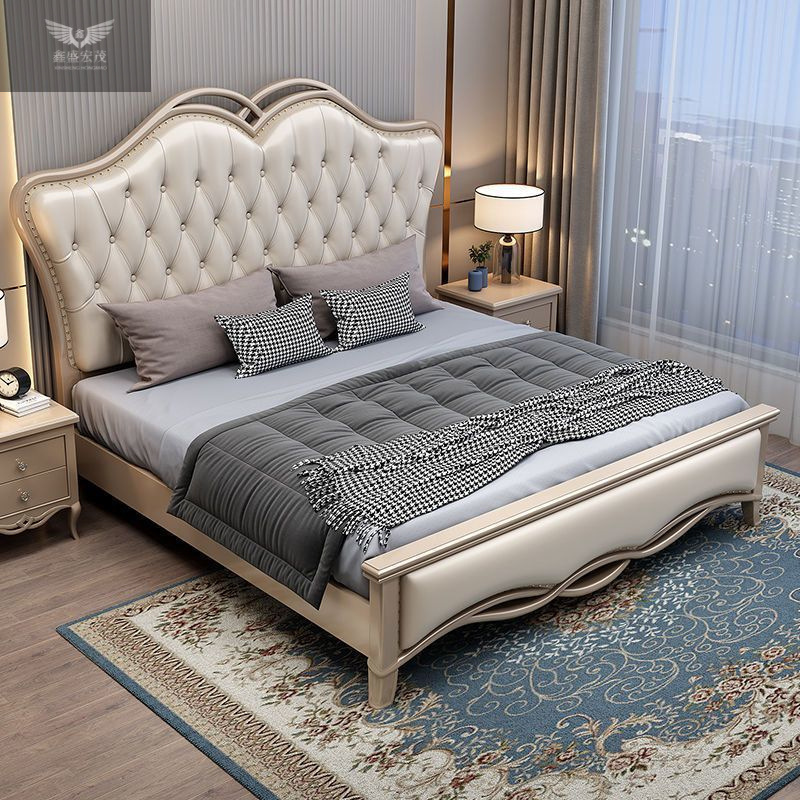 Cama simple de madera maciza estilo europeo americano de lujo ligero cama doble moderna 1.8m oro de champagne de lujo cama de 1.5m cama de matrimonio