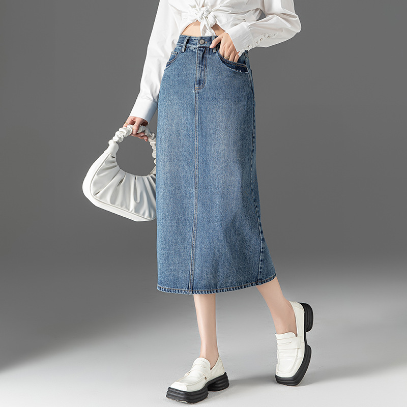 Chân váy denim lưng cao nữ dáng A xẻ tà — Màu xanh lam nhạt
