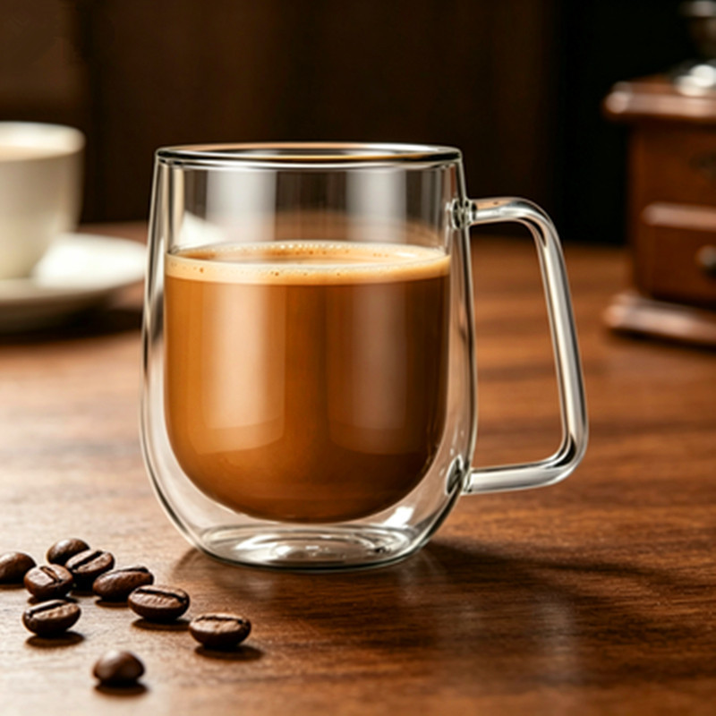 Venta directa de fábrica: Taza de café de vidrio de doble capa resistente al calor, taza creativa con asa, vaso de agua de vidrio de borosilicato alto, transfronterizo.