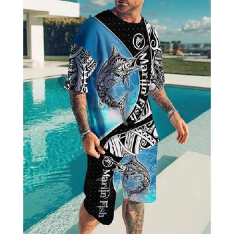 2023 verano transfronterizo camiseta 3D europea y americana manga corta pantalones cortos de dos piezas deportivos casuales para hombres