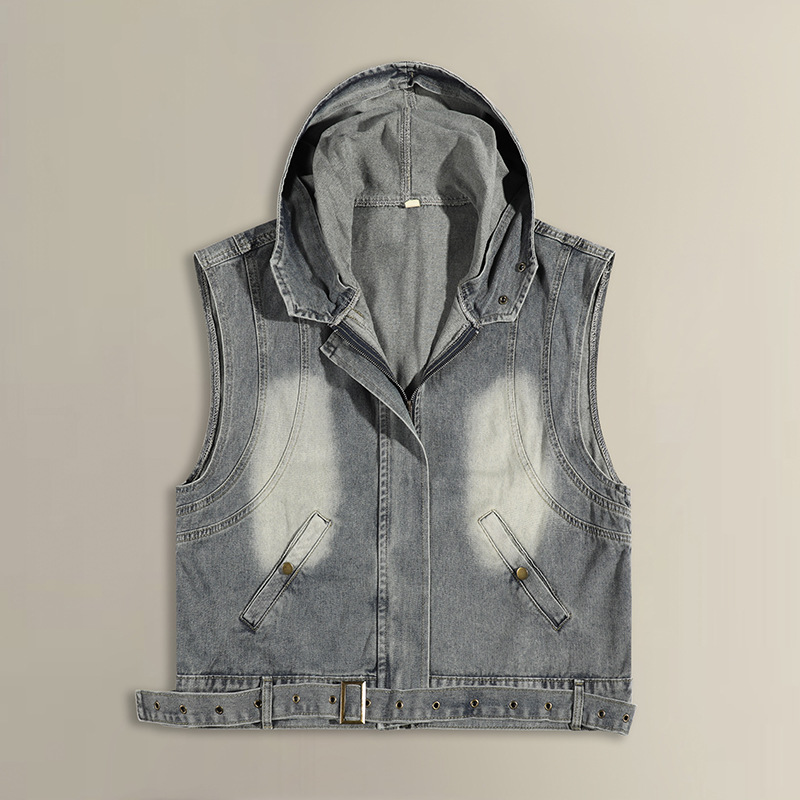 Comercio exterior chaleco de vaqueros con capuchón hombre y mujer primavera y otoño chaleco corto de tamaño grande con sombrero casual con hombros sin mangas