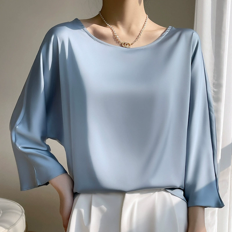 Round-neck women's pullover, satin-look emulation silk, thin commuter base shirt, 3/4 sleeves