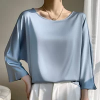 Round-neck women's pullover, satin-look emulation silk, thin commuter base shirt, 3/4 sleeves